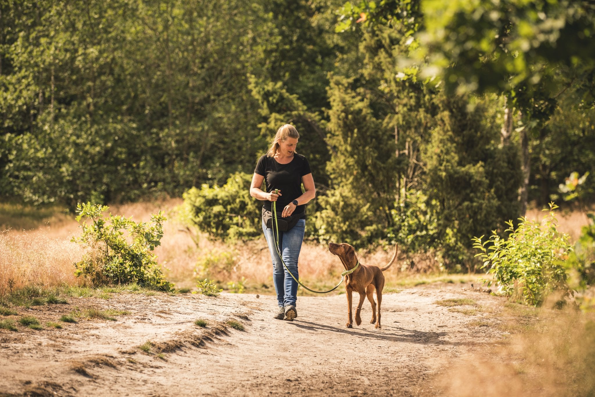 Vrouw loopt met hond aan de lijn